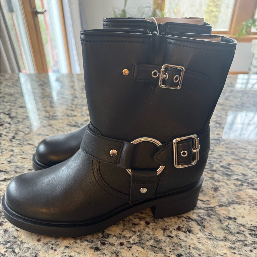 Universal Thread Black Moto Boots with Buckle & Ring Detail
